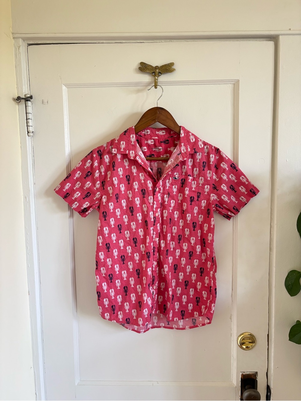Boy’s Vineyard Vines Pink Short-Sleeve Lobster Print Cotton Shirt Large